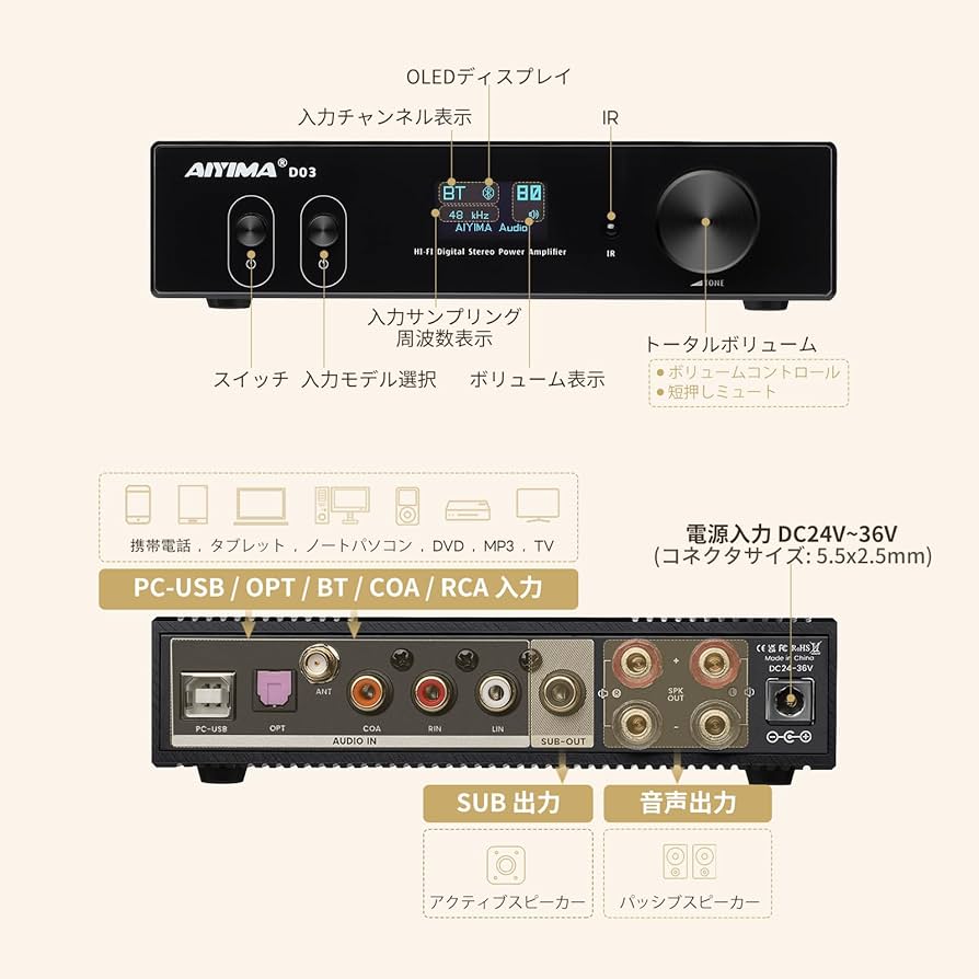 Amazon | AIYIMA D03 Bluetooth5.0 パワーアンプ 150W * 2 HIFI2